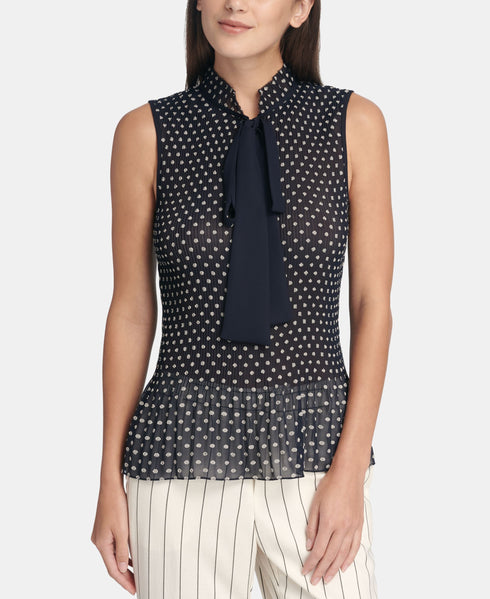 DKNY Polka Dot Tie Neck Peplum Blouse